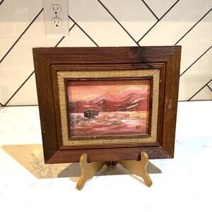 Vintage signed framed painting 70s depicting a pink red snowy New Mexico scene